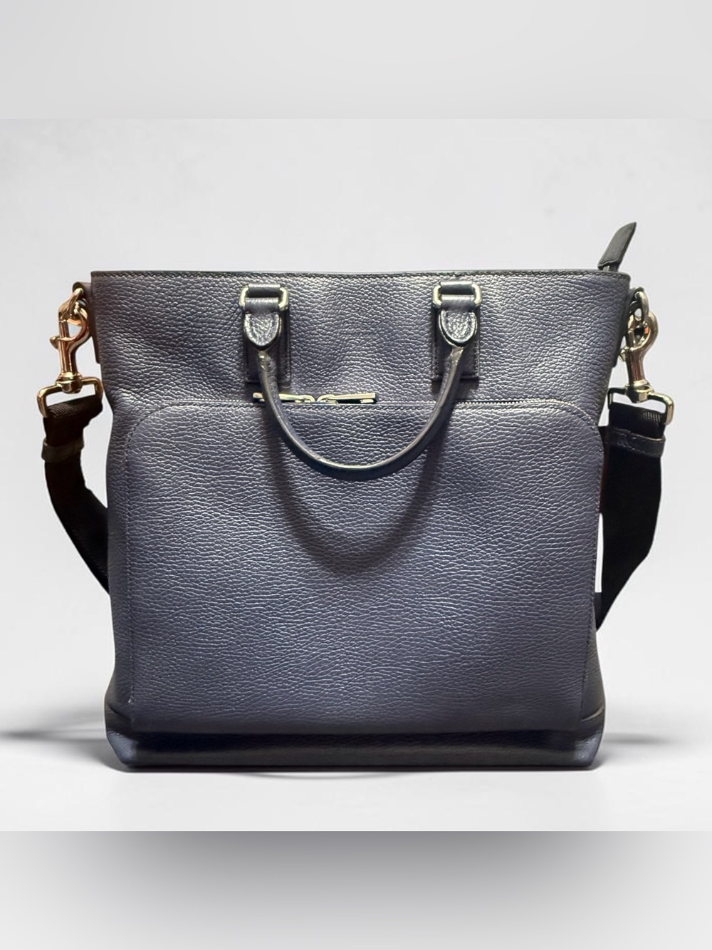Gucci Mens Navy Blue Pebbled Leather Tote Business Shoulder Bag Web Strap